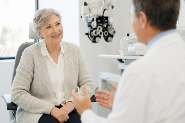 A cataract patient discussing recovery with her doctor